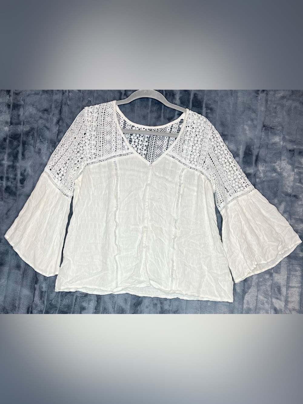 White Lace Crochet Bell Sleeve Blouse Women’s Medium Boho Cottagecore Romantic